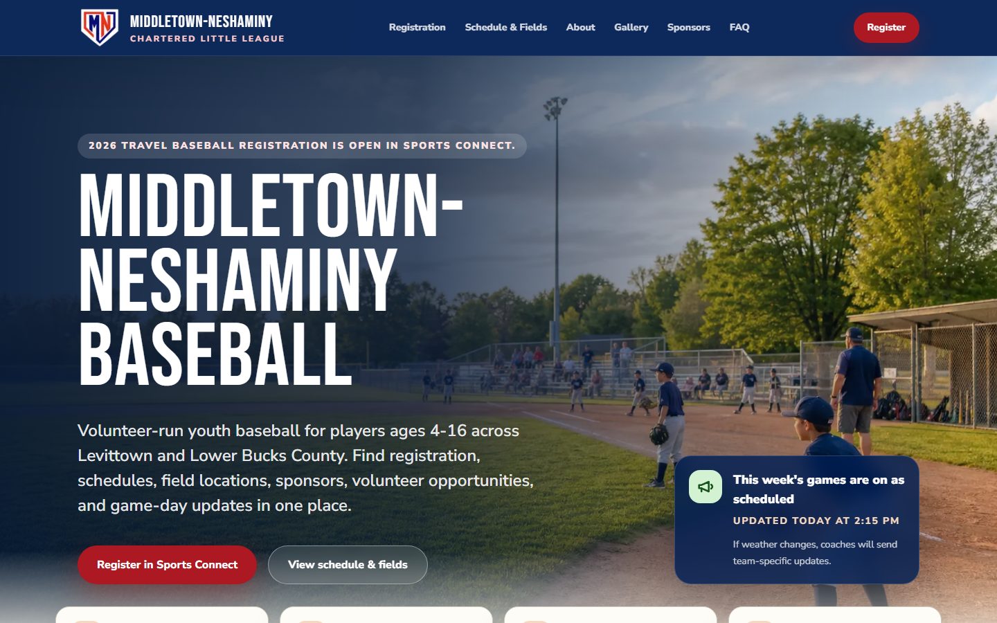 Middletown-Neshaminy Baseball homepage with registration, field, and game-day update content.