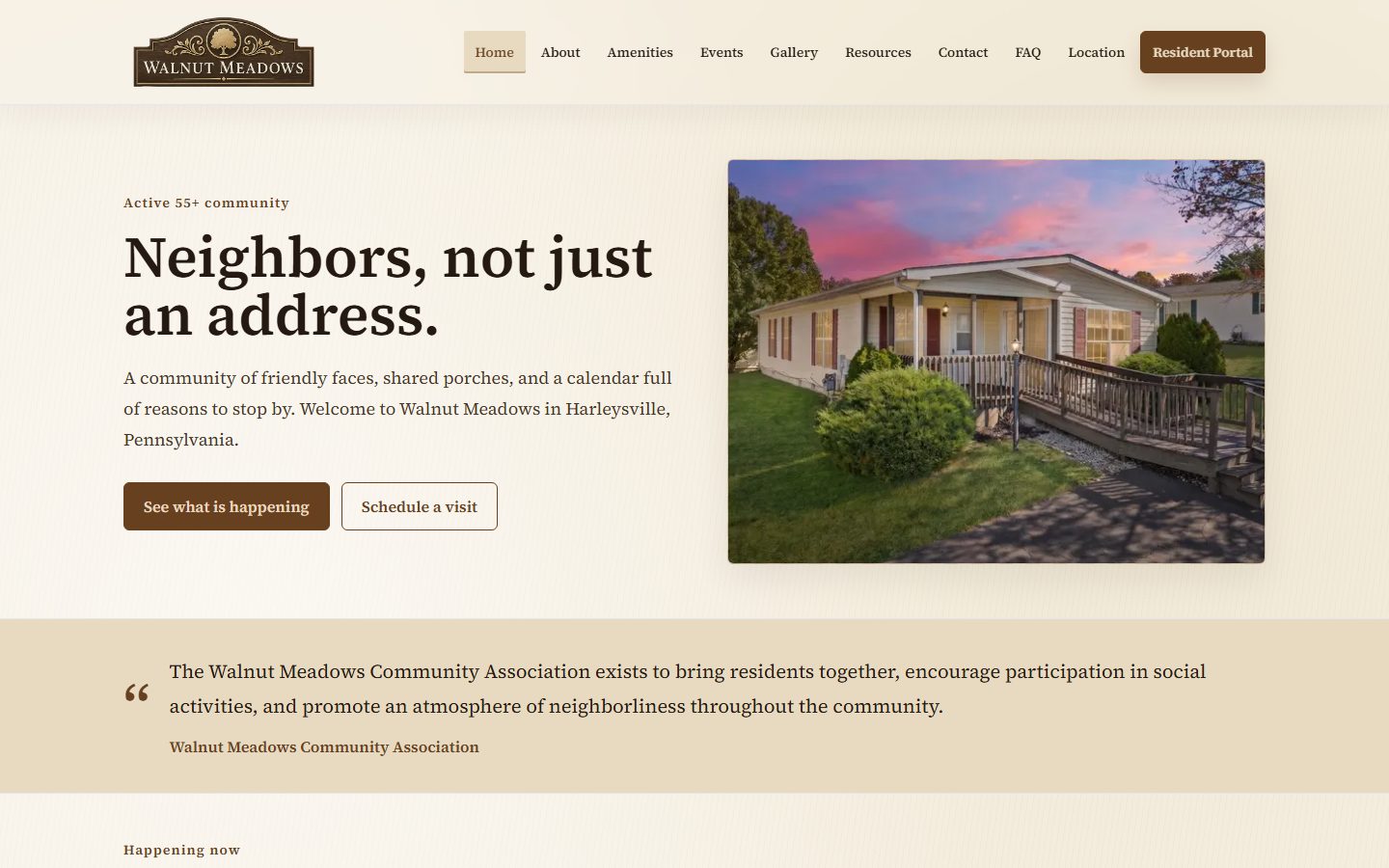 Walnut Meadows community homepage with resident navigation and community imagery.